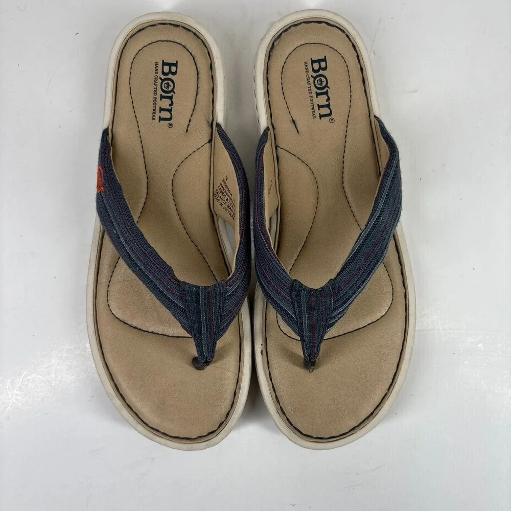 Born‎ Liselotte Women's US 7M Navy Fabric Leather Comfort Slip-On Thong Sandals